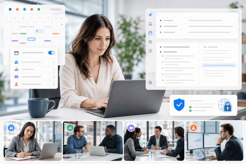 The desktop dashboard shows upcoming meetings, auto-join status, live transcription progress, selected templates, and generated action items with one-click export options to Slack, Notion, Google Drive, or connected CRM tools.