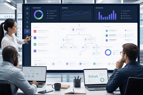 A tiled console view showing AI agents, control tower dashboards, workflow traces, and contextual enterprise data used to ground model decisions for audit and remediation.