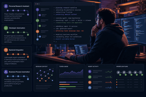 Terminal chat session orchestrating a lightweight agent kernel with step logs, concise context summaries, and token budget indicators, advancing reliably through a multi-step workflow without losing coherence.