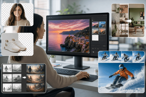 ChatGPT Images workspace showing a Sketch layer, prompt panel, version history, and region selection, alongside an API model selector toggling Flare or Sunburst for handoff into a production image pipeline.