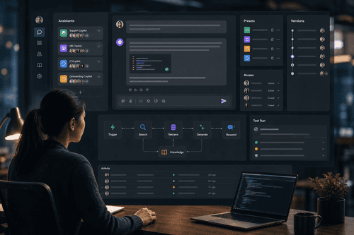 Configurable chat workspace showing system prompt, role presets, session list, and a live conversation stream with tool results inline, designed for reproducibility and team review without sacrificing everyday usability.