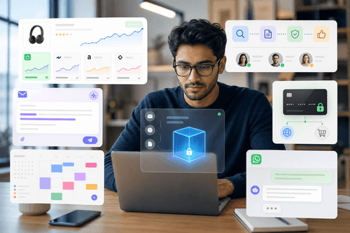 A chat thread with approval prompts, a right-panel audit log, and a live VM browser tab completing checkout using a one-time card, with step statuses, timestamps, and undo controls visible.