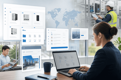Modal dialogs guide region and country selection, with a document counter, download controls, email validation, and clear error banners that help users collect and share technical materials efficiently across localized sites.