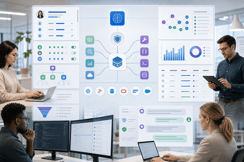 Diagrama de un gateway que muestra prompts dirigidos a modelos, verificaciones de identidad y políticas en diversas fuentes, consultas federadas que unen Salesforce, Snowflake y NetSuite, y un resultado condensado devuelto al modelo con contexto completo de auditoría.