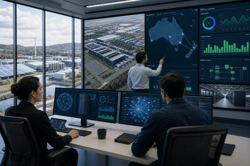 Geo-redundant campuses connected by dark-fiber rings, high-density halls for AI clusters, renewable-backed power, and resilient network fabrics enabling low-latency failover across Australia and New Zealand.