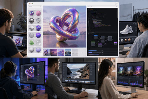 A component catalog with tiles links to examples showing a live WebGL preview, parameter sliders, and a code panel with minimal Three.js boilerplate and notes for integrating materials, lights, and effects.