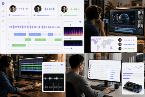 WebUI showing reference upload, ASR transcription, segmentation previews, and TTS inference controls. A status panel indicates device selection, loaded checkpoints, and real-time progress during synthesis across supported languages.