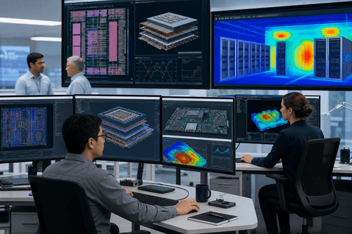 Unified project view highlights AI-driven floorplan candidates, clustered verification failures, and SI/PI‑thermal overlays, alongside a facility digital twin timeline with experiment tracking and resource utilization for reproducible, at-scale design runs.