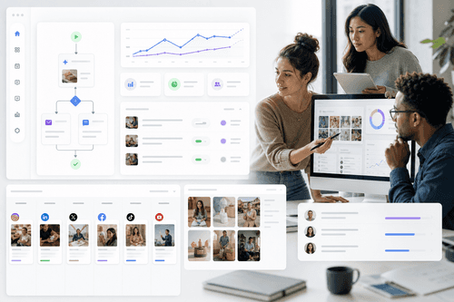 Unified calendar showing drafts, approvals, and live posts across Instagram, LinkedIn, and Facebook, with performance insights and next-best-action prompts linked to Brand, Customer, and Product DNA in the Intelligence Core.