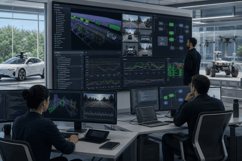 Unified console displaying agent graphs, module interfaces, test results, and deployment status across Vehicle OS, Self-Driving System, and robotics workloads, with per‑industry configurations and runtime diagnostics for fielded machines.