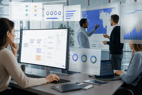 Listado de agentes con métricas de ejecución, tasas de aprobación en evaluaciones y trazas a nivel de paso, junto a conectores para CRM, calendario y fuentes de datos, además de controles de gobernanza para RBAC, SSO y aprobaciones con intervención humana.