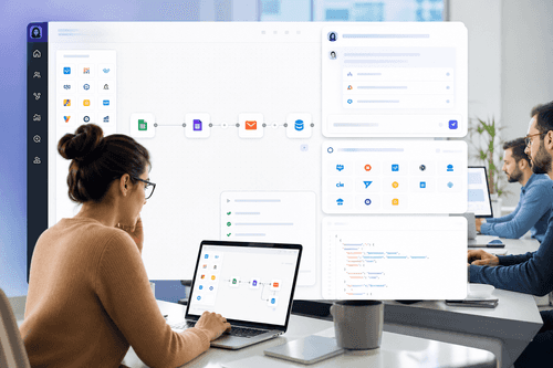 A white‑label builder with chat copilot, per‑tenant OAuth controls, and telemetry that traces MCP tool calls, retries, and errors across 1,000+ connectors inside a multi‑tenant SaaS workspace.