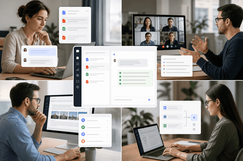 Desktop app showing a chat pane grounded by selected documents, a model picker, meeting summary panel with action items, and a sources sidebar—all running locally with indicators for on-device processing.