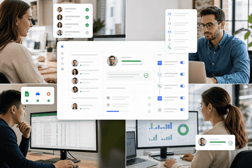 Sequences dashboard displaying personalized emails, scheduled follow‑ups, and performance metrics alongside a verification panel showing confidence scores, bounce risk, and bulk task progress synced to a CRM and Google Sheets.