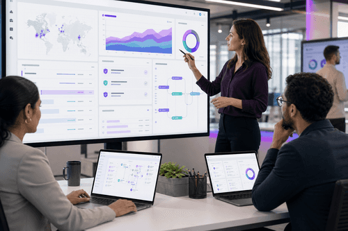 Program dashboard showing value targets, architecture blueprint, delivery cadences, and risk controls mapped to domains, with telemetry and KPIs tracking adoption, cost, reliability, and resilience across AI, data, and cloud platforms.