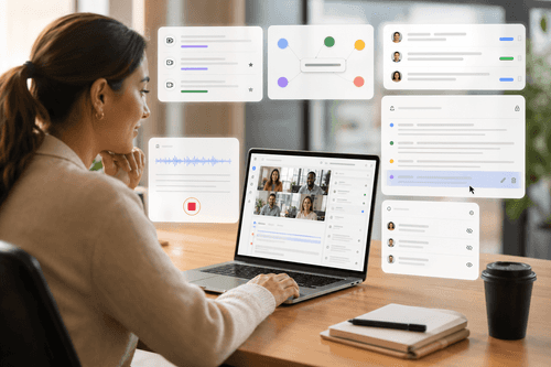 Limitless dashboard with meeting timeline, transcripts, highlights, search box, and suggested action items, plus a query panel that links answers back to source audio snippets and timestamps.