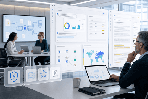 An enterprise agent queries SharePoint and Slack, retrieves documents, calls a Driverless AI model, and logs evaluations in MRM and Eval Studio with cost, latency, and safety metrics visible across the workflow.