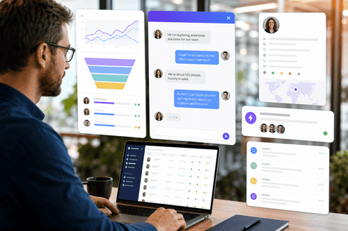 Chat shows a cited answer from approved docs, company identification with intent score, in‑chat calendar options, and automatic CRM and Slack updates following a confirmed meeting.