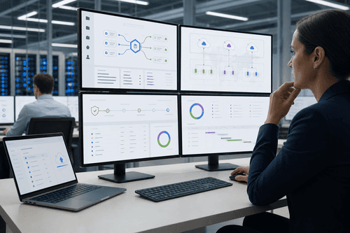 NetApp Console affiche les clusters ONTAP unifiés et les volumes cloud, le statut d'indexation AI Data Engine, les politiques de protection et la santé des charges de travail à travers les régions — un plan de contrôle unique pour le stockage, la sécurité et les services de données IA.