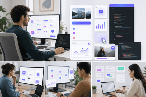 Interactive gallery showing animated React components with side-by-side previews and editable code snippets, including controls for props and variants, enabling quick copy-paste integration into existing views and design systems.