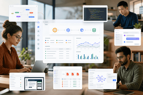 A Catalyst project dashboard showing environments, Slate deployments, Functions metrics, Stratus buckets, Pipelines status, and MCP tool‑call logs with scoped permissions and full audit trail—covering development through production operations in one view.