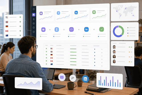 Cloud workspace view showing persistent sessions per account, regional IP locks, health indicators, Smart Limits status, unified inbox, and sequence progression for coordinated email and LinkedIn outreach.