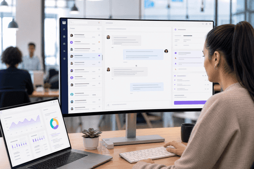 Screenshot-style view showing a unified inbox with Fin suggestions, knowledge snippets, conversation history, and a simulation control panel for validating complex dialogues.