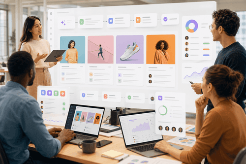 ARC workspace showing campaign timeline, agent assignments, brand graph constraints, and multi‑channel previews across web, email, and social, with review tasks, approvals, and API‑connected publishing targets visible.