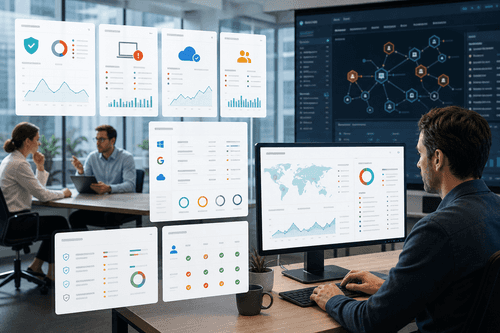 ESET PROTECT console with dashboard cards for detections, patch status, encryption coverage, and active responses across endpoints, servers, mobile devices, email gateways, and cloud applications in one cloud or on‑prem interface.