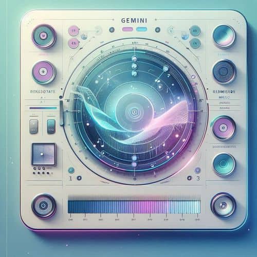 Gemini interface showing AI-generated music creation from prompts, with waveform preview and track output.