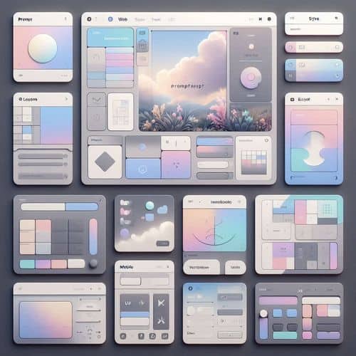 Stitch workspace showing prompt-based UI generation, web and mobile interface concepts, iterative design refinement, and export-ready design previews.