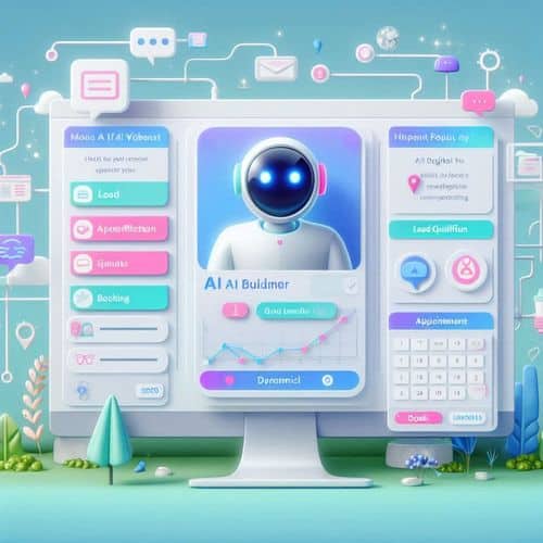 AI builder interface showing conversational lead capture, qualification flow, and appointment booking automation.