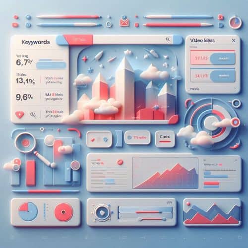 vidIQ dashboard showing keyword research, AI title generation, thumbnail creation tools, and YouTube growth analytics.