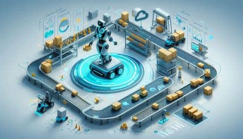 Agility Robotics 公司的 Digit 人形机器人正在搬运仓库料箱,背景辅以 Arc 云端自动化仪表盘、实时工作流指标、车队管理控制、物料搬运任务以及物理 AI 仓库自动化。