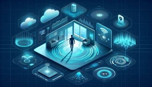 RuView WiFi 感知仪表盘,显示无线电信号波形、ESP32 传感器节点、人体姿态估计、存在检测、呼吸和心率监测、跌倒检测告警、睡眠监测以及隐私优先的边缘 AI 房间觉察。