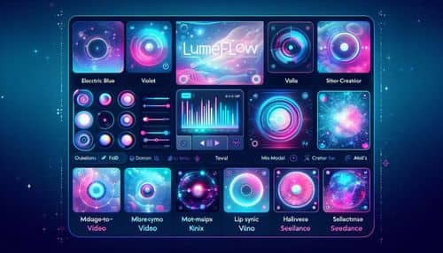 LumeFlow AI 控制台顯示文字生成影片、圖片生成影片動畫、影片重混、動作模仿、對嘴同步、AI 特效、文字生成圖片工具,以及多種創意模型選項。