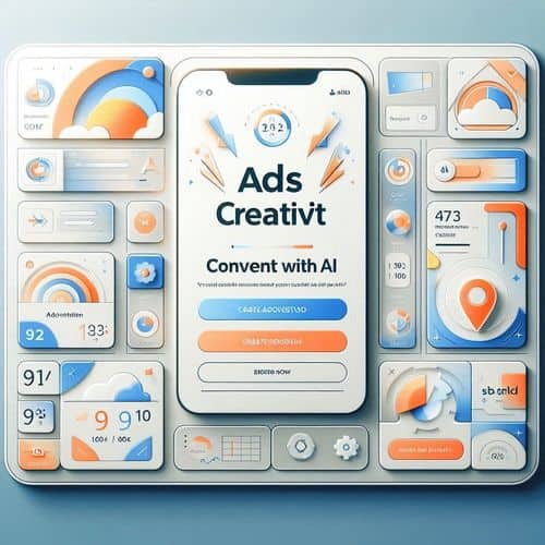 AdCreative.ai studio showing ad creative previews, scoring metrics, and brand asset panel.