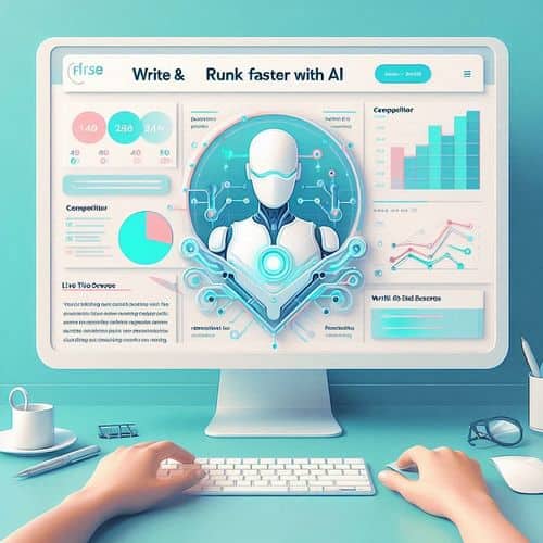 Frase dashboard showing SERP competitor data, AI writing editor with optimization suggestions and content performance insights.