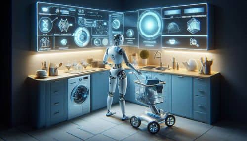 Figure 03 humanoid robot showing home assistance, laundry, cleaning, dish handling, natural language interaction, Helix AI reasoning, onboard perception, object manipulation, and physical AI autonomy.