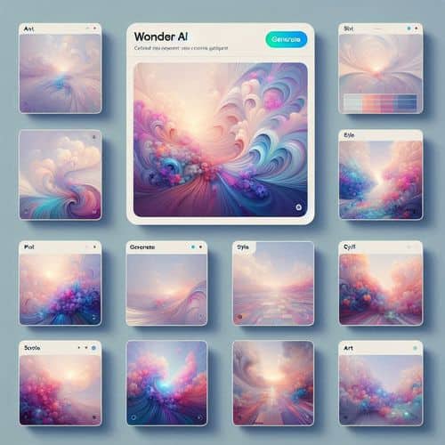 Wonder AI interface showing prompt input, style selection, and generated AI artwork.
