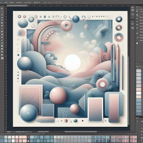 Photoshop workspace showing image layers, generative editing tools, retouching controls, and creative design panels.