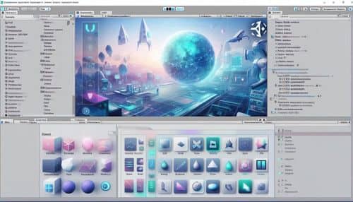 Unity 編輯器展示了實時 3D 場景創建、遊戲開發工具、AI 輔助工作流和跨平台部署面板。