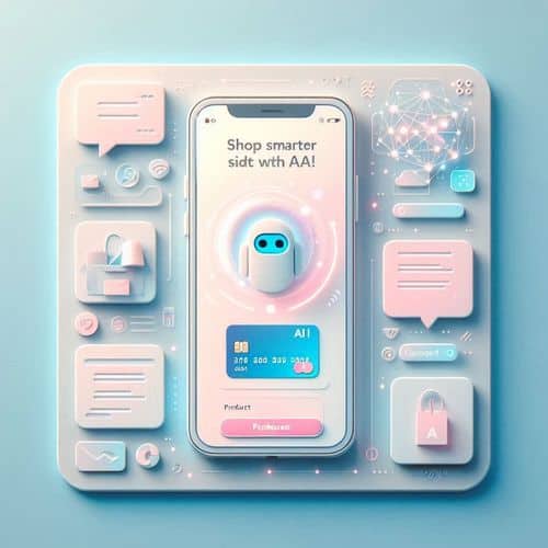 Vista de la aplicación Klarna que muestra la superposición del asistente de chat de IA, recomendaciones de productos y guía de precios.