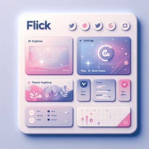 Flick dashboard with AI caption suggestions, recommended hashtags, and a drag-and-drop content calendar.