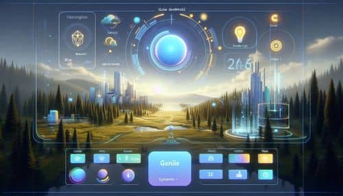 Genie interface showing text-to-world generation, image-based world sketching, interactive exploration, character prompts, real-time environment simulation, and dynamic AI-generated worlds.