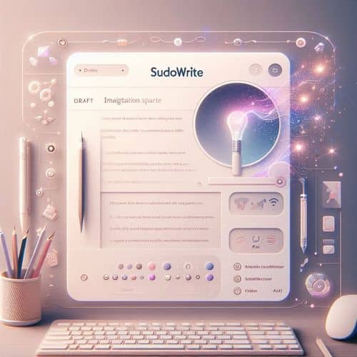 Sudowrite interface highlighting features like 'Describe', 'Expand', and 'Brainstorm' alongside a text editor.