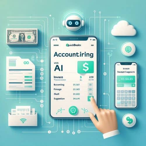 QuickBooks dashboard showing live bank feed, AI-suggested transaction category, and cash-flow projection chart.