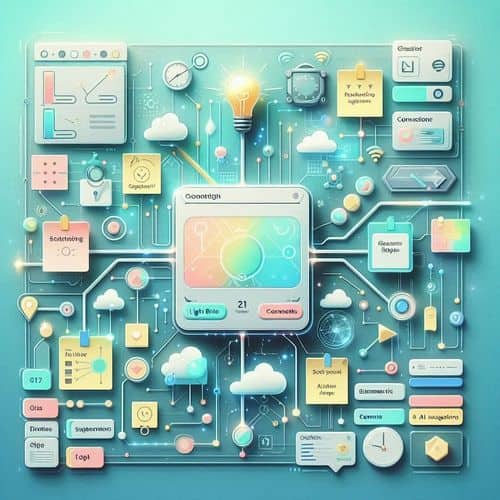 FigJam canvas showing sticky notes, workflow maps, connectors, timer widgets, and AI suggestions highlights.