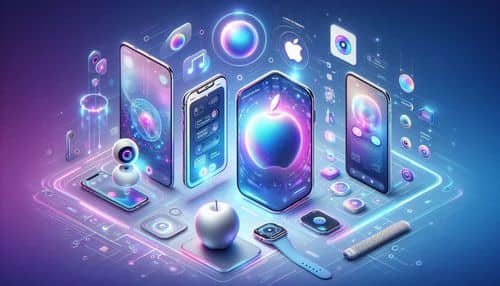 Apple Intelligence interface showing Siri AI, Writing Tools, Live Translation, Image Playground, Genmoji, notification summaries, Clean Up, personal context awareness, on-device processing, and Private Cloud Compute.