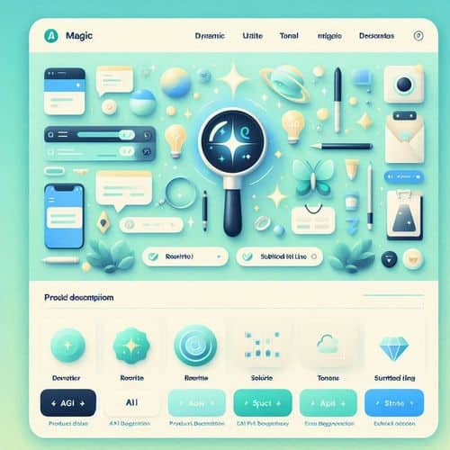 Shopify 管理后台展示了 AI 生成的产品描述建议、营销文案提示词以及 AI 辅助的媒体编辑功能。
